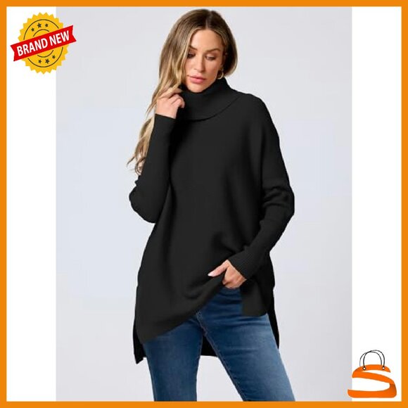 Oversized Turtleneck Batwing Sleeve Split Hem Knit Pullover Sweater - Picture 4 of 8